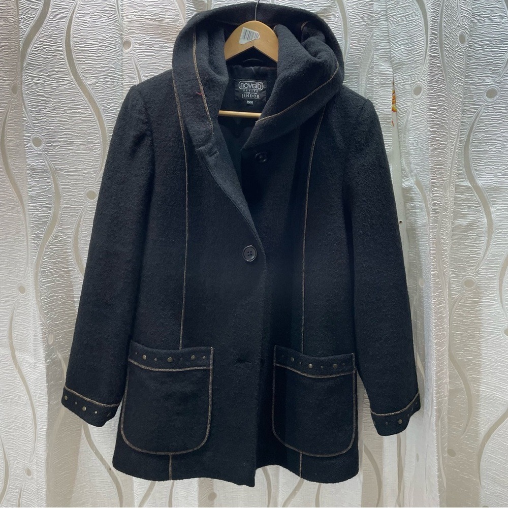 Novelti Petite‎ Wool Blend Hooded Coat Womens Medium Black Studded 0818PL